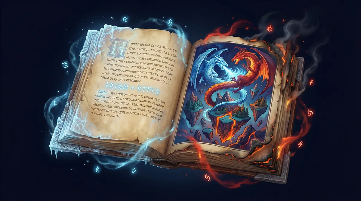 尊龙凯时创世传说古老魔法书中描绘冰火巨龙锻造平台的史诗插画